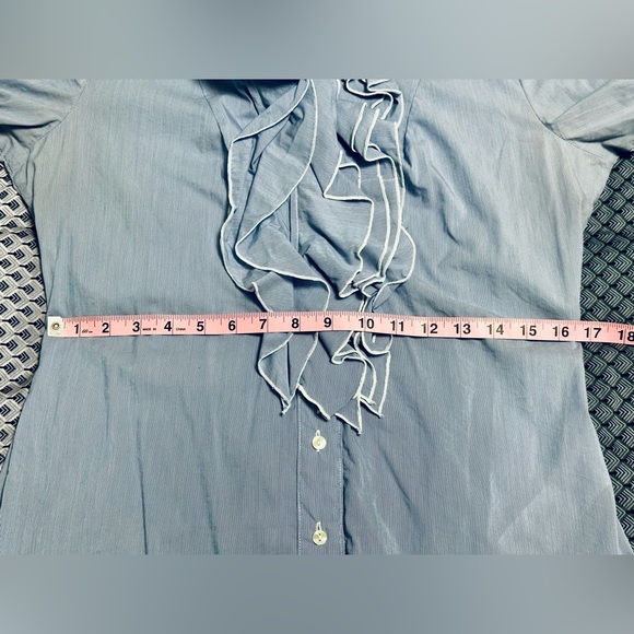 Vintage Y2K Pale Blue Pinstripe Blouse with Ruffle Accent Sz M - Picture 3 of 10